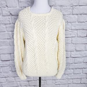 Handmade Cream Wool? Chunky Cable Knit Popcorn Stitch Fisherman Sweater Fits XS